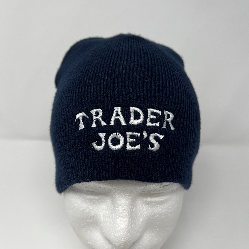 Trader Joes Navy Blue Embroidered‎ Logo Knit Beanie Hat Unisex One Size